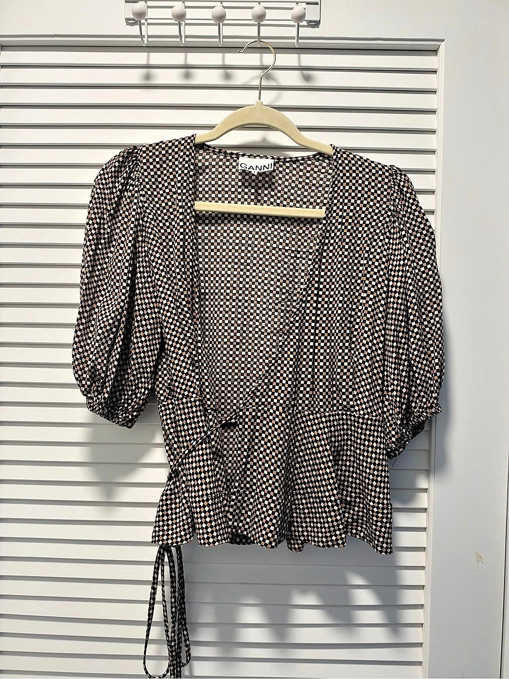 GANNI Navy Tan Check Print Wrap Tie Peplum Top